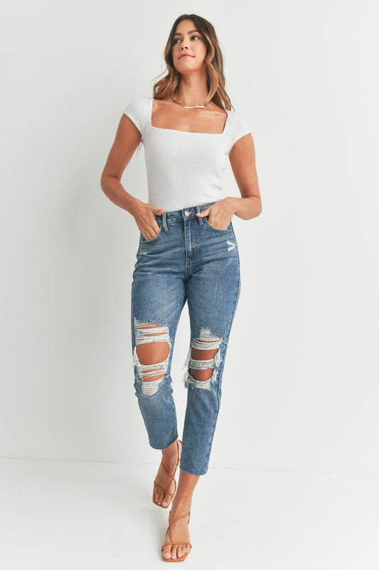 Distressed Straight Mom Jeans