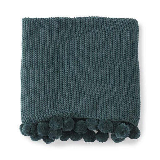 Green Knit Throw W PomPoms